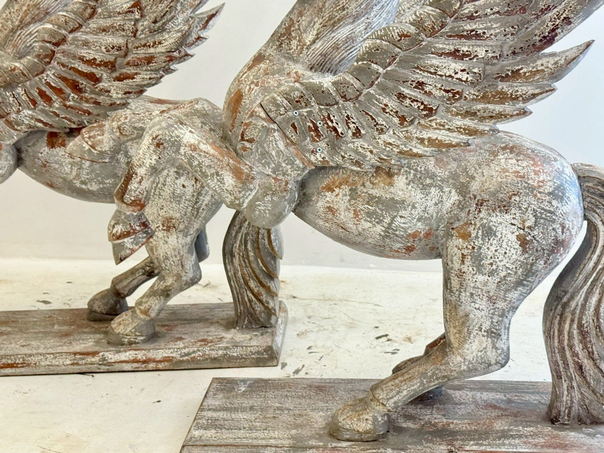 Wing Horse Hand Carved Statue – Pegasus Statue with Distressed Finish and Wooden Base W117 x D54 x H117 cm - RIVO HOMES