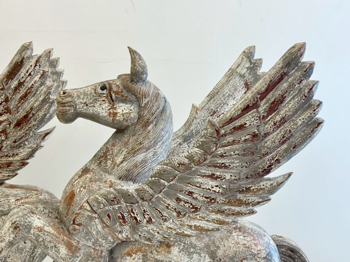 Wing Horse Hand Carved Statue – Pegasus Statue with Distressed Finish and Wooden Base W117 x D54 x H117 cm - RIVO HOMES