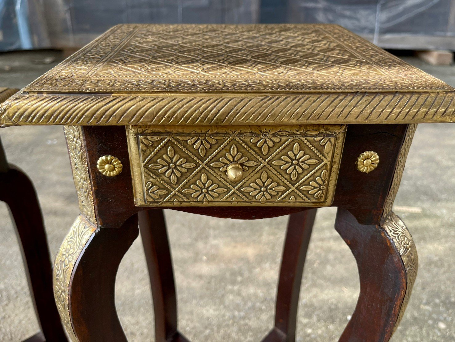 wood and brass tables