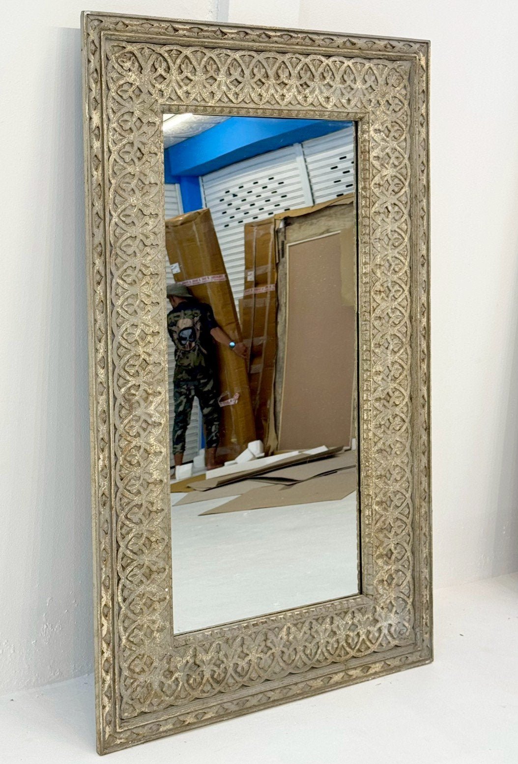Wooden Antique Mirror – Rustic Wall Mirror with Ornate Wide Border W91 × D7 × H150 cm - RIVO HOMES