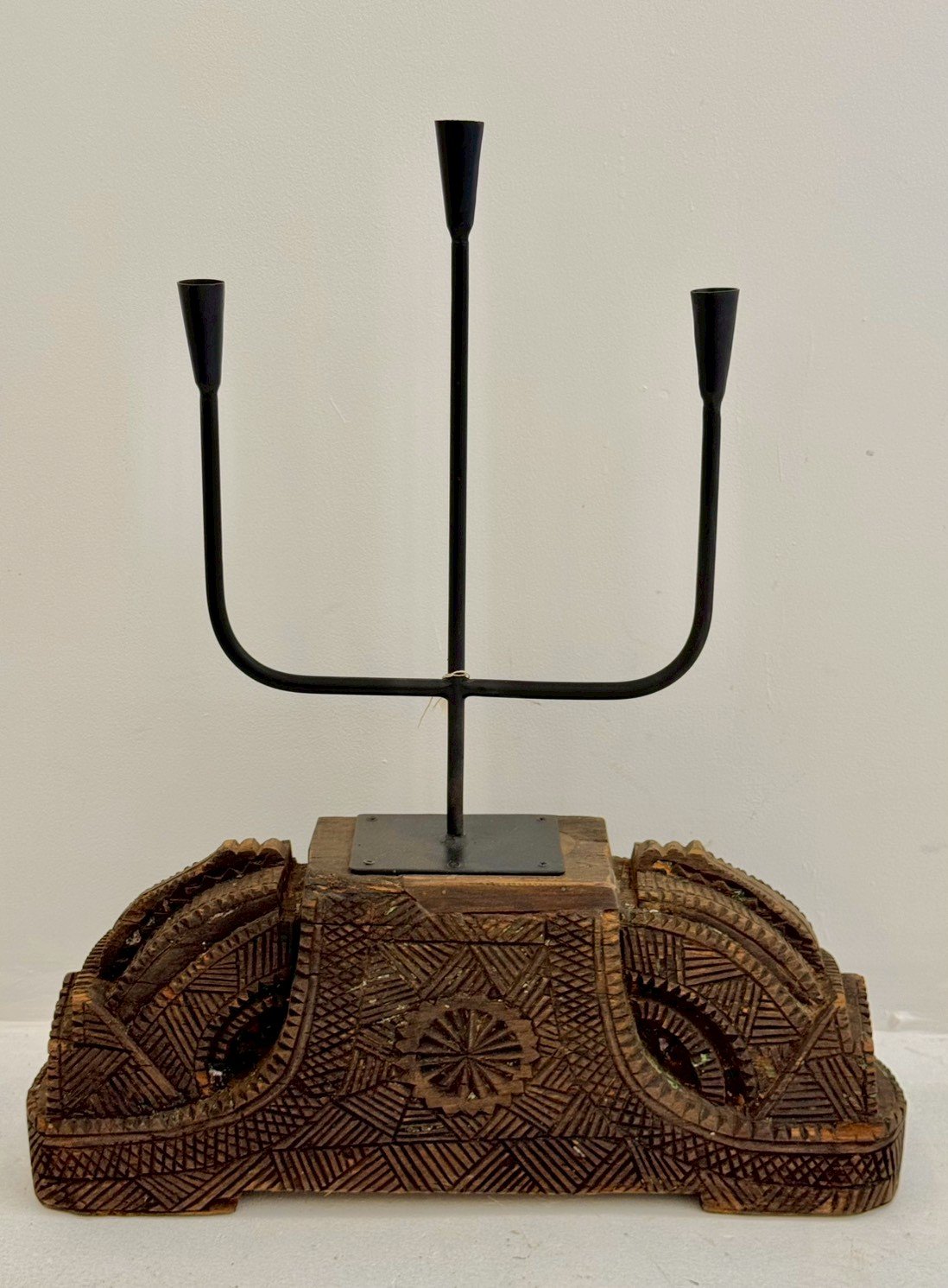 Wooden Candle Stand – Rustic Candle Stand with Carved Wood Base and Iron W57 x D12 x H71 cm - RIVO HOMES