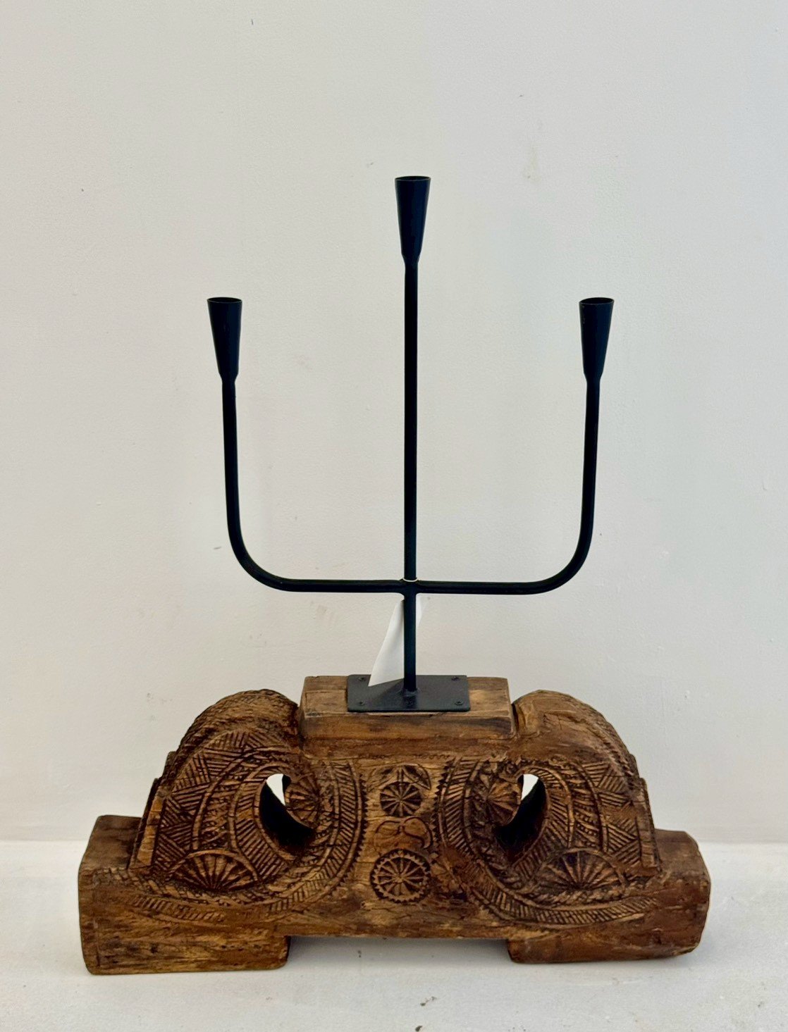 Wooden Candle Stand – Rustic Candle Stand with Carved Wood Base and Iron W57 x D12 x H71 cm - RIVO HOMES