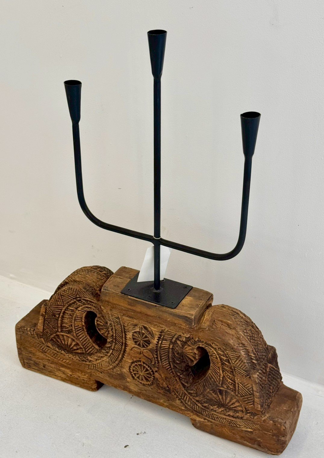 Wooden Candle Stand – Rustic Candle Stand with Carved Wood Base and Iron W57 x D12 x H71 cm - RIVO HOMES