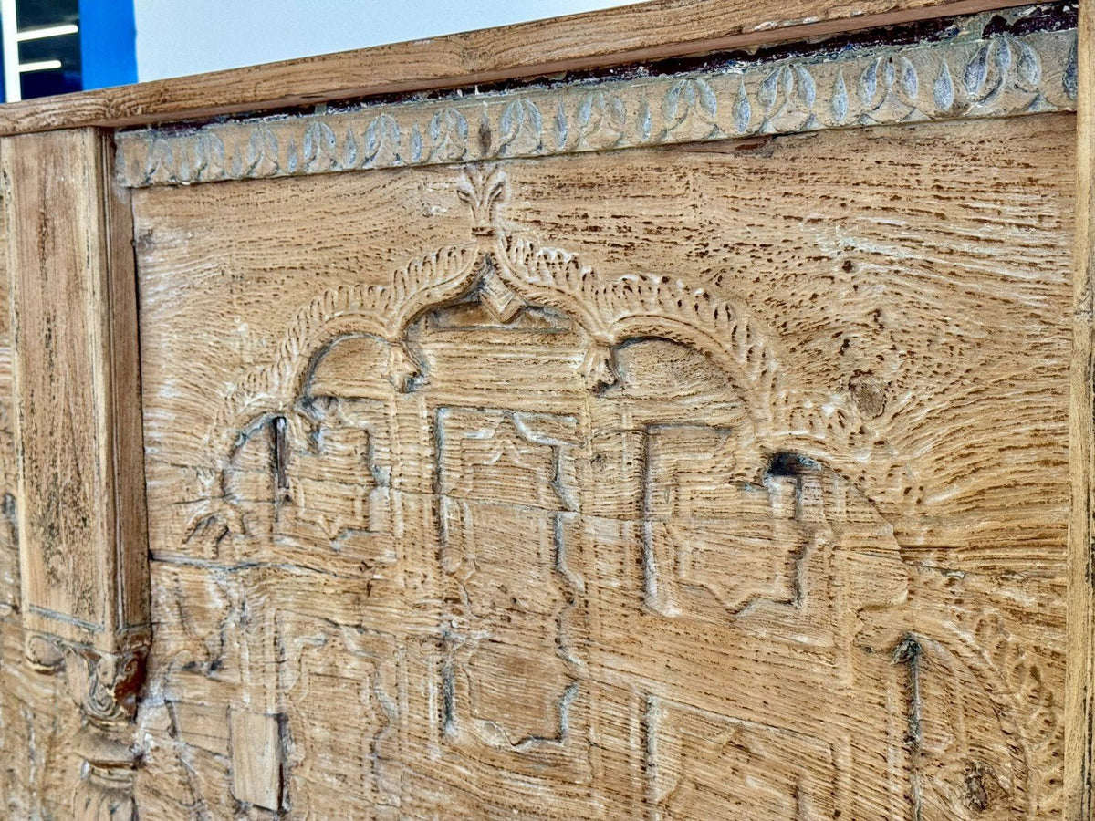 Wooden Carved Counter Table – Rustic Wood Counter with Open Shelf Storage W223 x D40 x H86 cm - RIVO HOMES