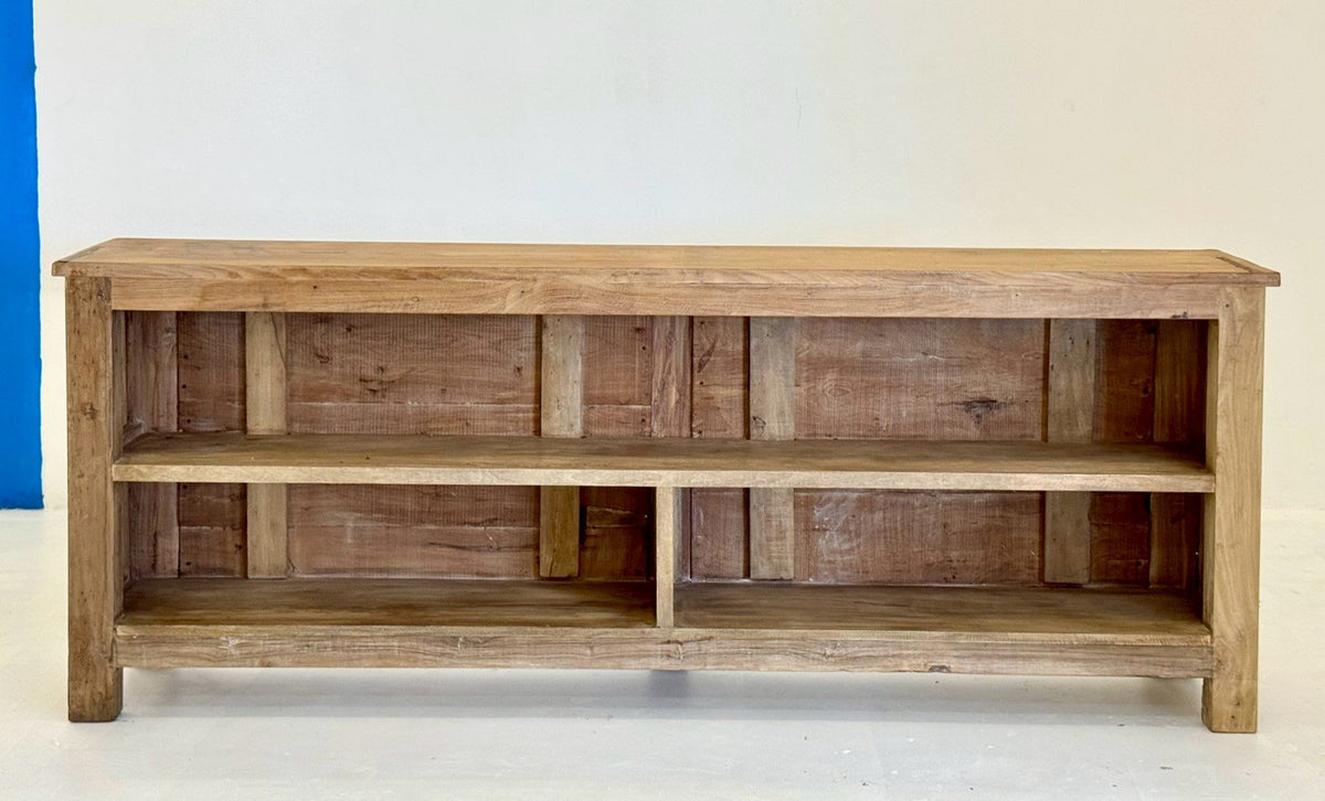 Wooden Carved Counter Table – Rustic Wood Counter with Open Shelf Storage W223 x D40 x H86 cm - RIVO HOMES