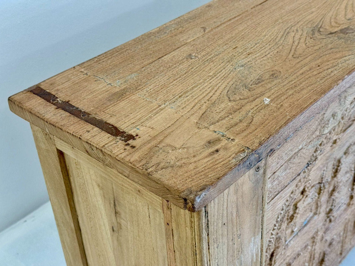Wooden Carved Counter Table – Rustic Wood Counter with Open Shelf Storage W223 x D40 x H86 cm - RIVO HOMES