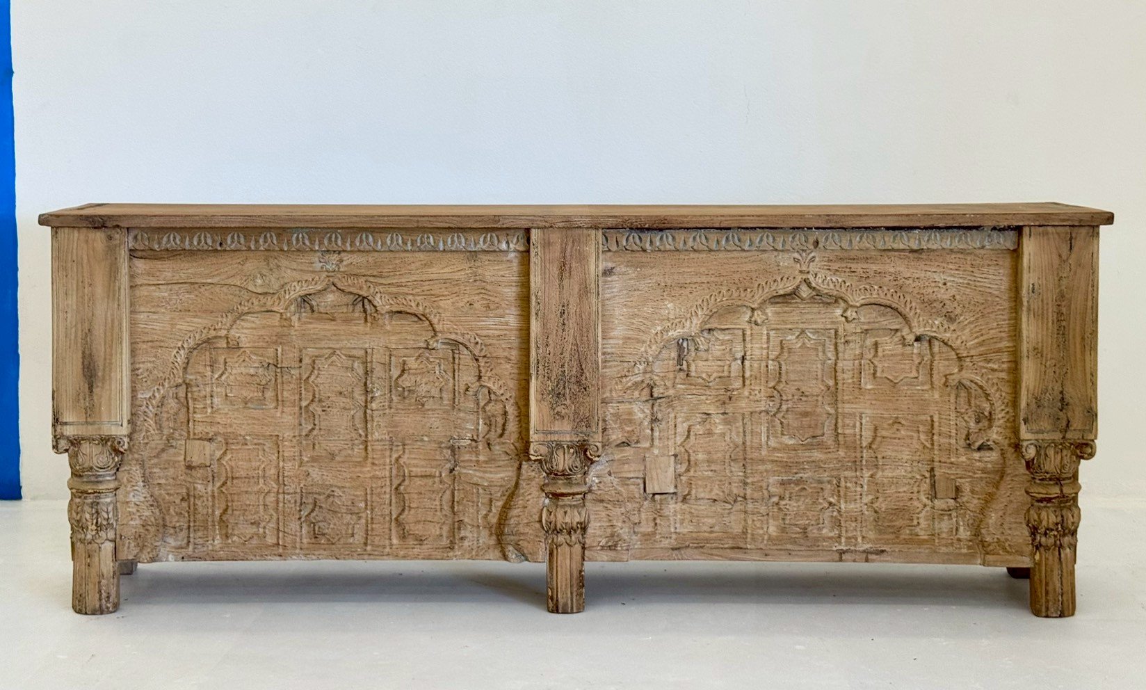 Wooden Carved Counter Table – Rustic Wood Counter with Open Shelf Storage W223 x D40 x H86 cm - RIVO HOMES