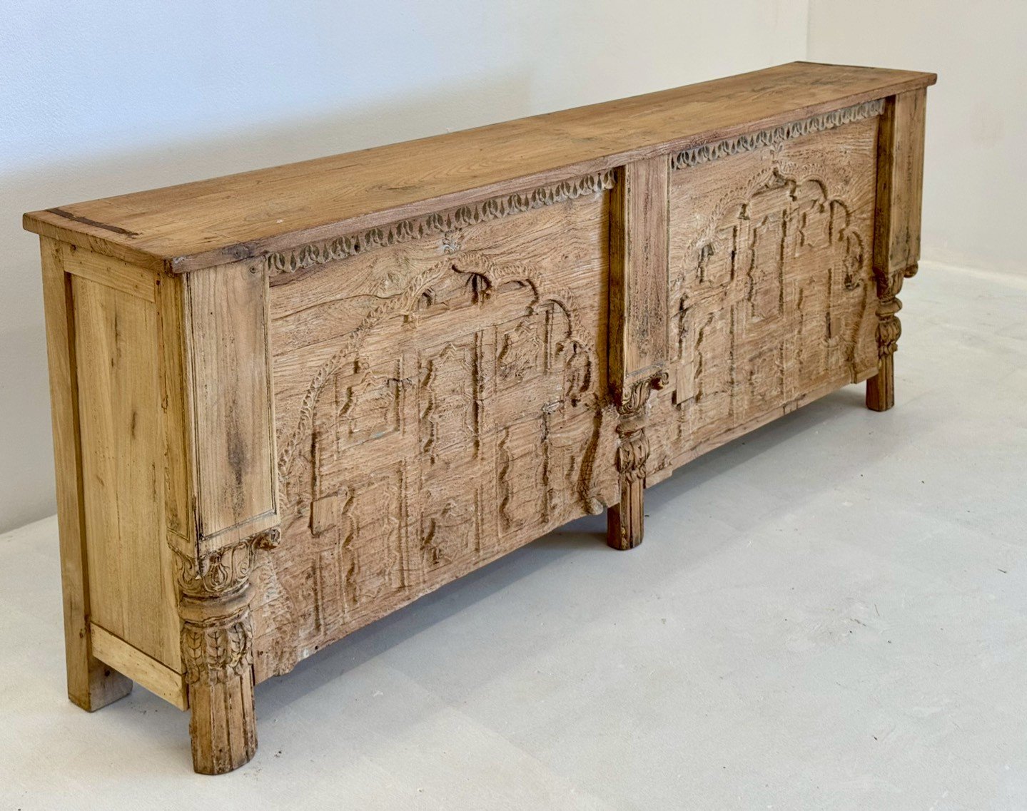Wooden Carved Counter Table – Rustic Wood Counter with Open Shelf Storage W223 x D40 x H86 cm - RIVO HOMES