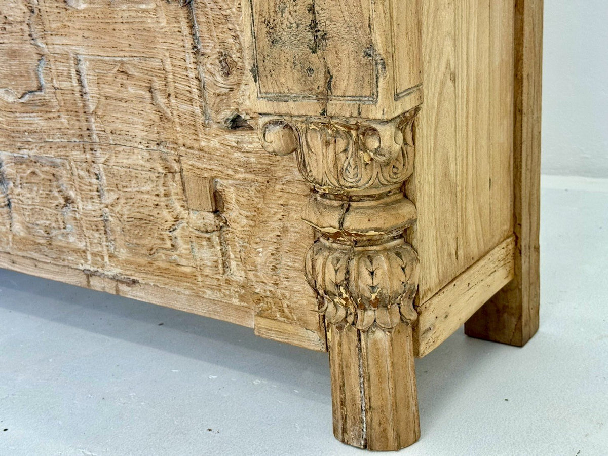 Wooden Carved Counter Table – Rustic Wood Counter with Open Shelf Storage W223 x D40 x H86 cm - RIVO HOMES