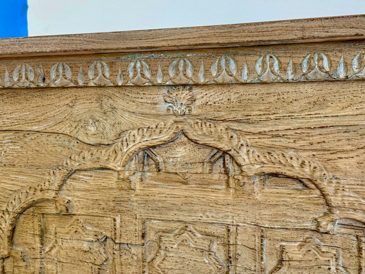 Wooden Carved Counter Table – Rustic Wood Counter with Open Shelf Storage W223 x D40 x H86 cm - RIVO HOMES
