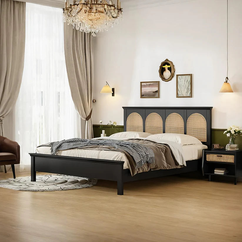 wooden matte black bed